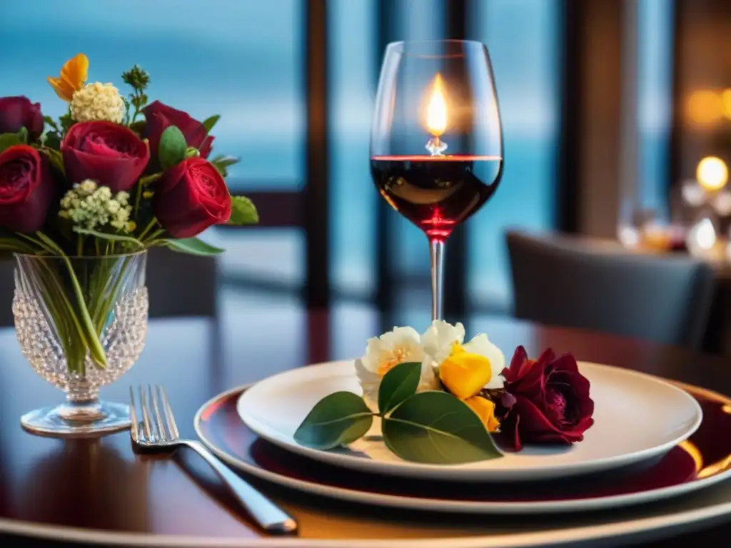 Mesa elegante con vinos para cena de lujo en Lima: copa de vino tinto, cubiertos plateados, cristalería fina, gourmet y flores frescas