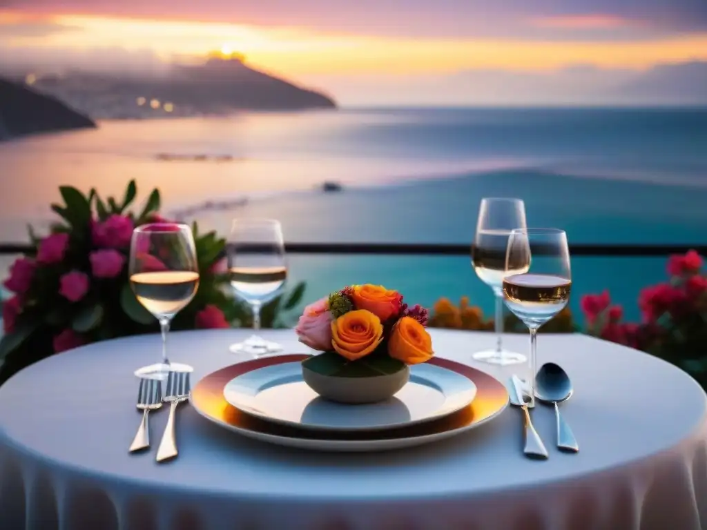 Una mesa elegante en La Rosa Náutica, Lima, con vista al mar al atardecer