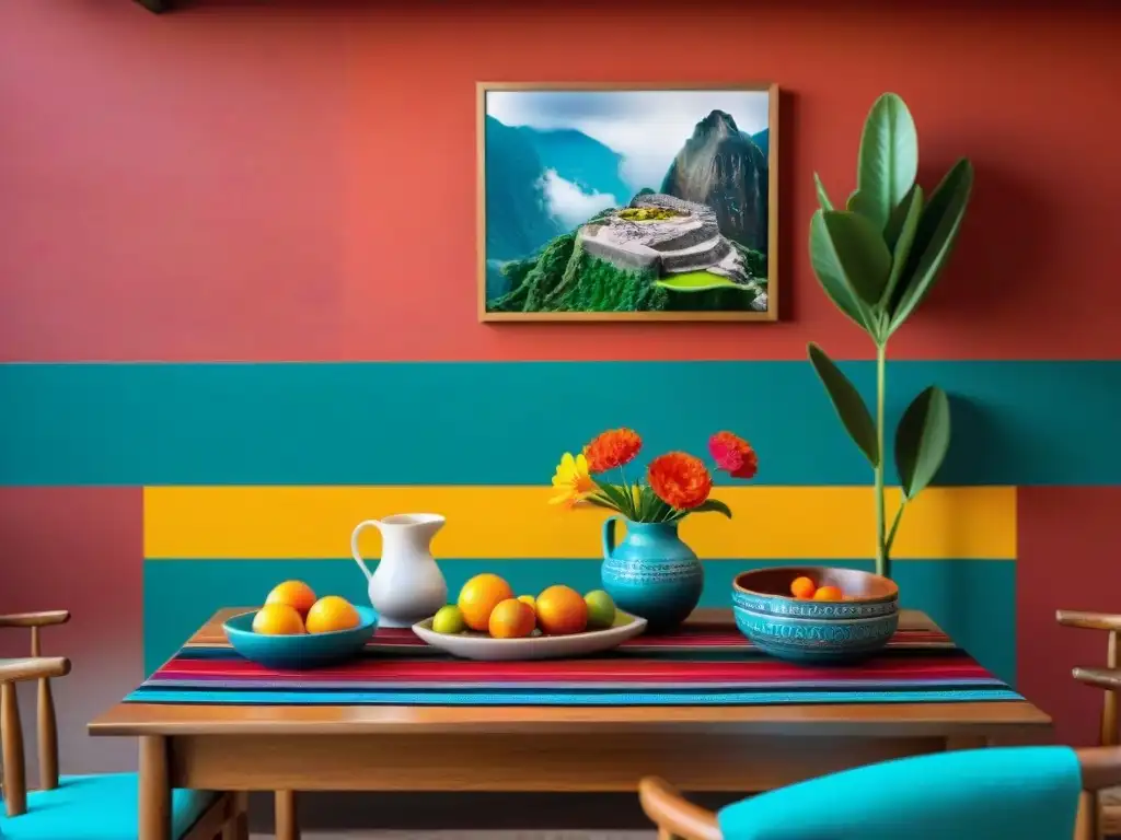 Decoración de Mesa Estilo Peruano: Mesa peruana bellamente decorada con textiles, vajilla cerámica y flores frescas vibrantes