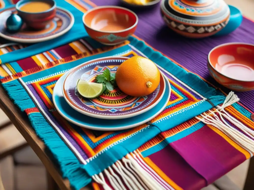 Decoración de Mesa Estilo Peruano: Mesa vibrante con textiles y cerámica tradicional peruana, chicha morada y ambiente rústico