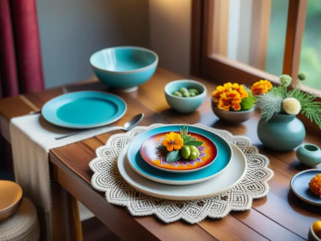 Decoración de mesa estilo peruano con textiles vibrantes, cerámica artesanal y centro de flores nativas coloridas