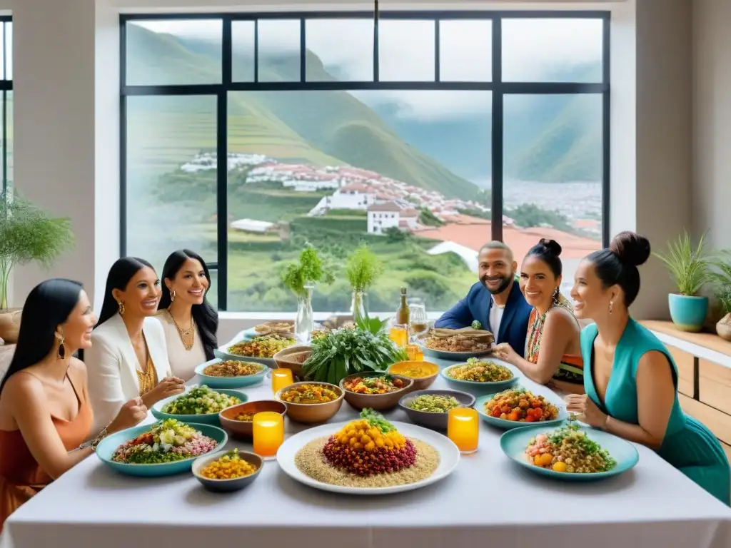 Degustación vegana: Platos peruanos vibrantes en mesa diversa Una mesa llena de coloridos platillos veganos peruanos, chefs y food bloggers disfrutan de la innovadora cocina vegana