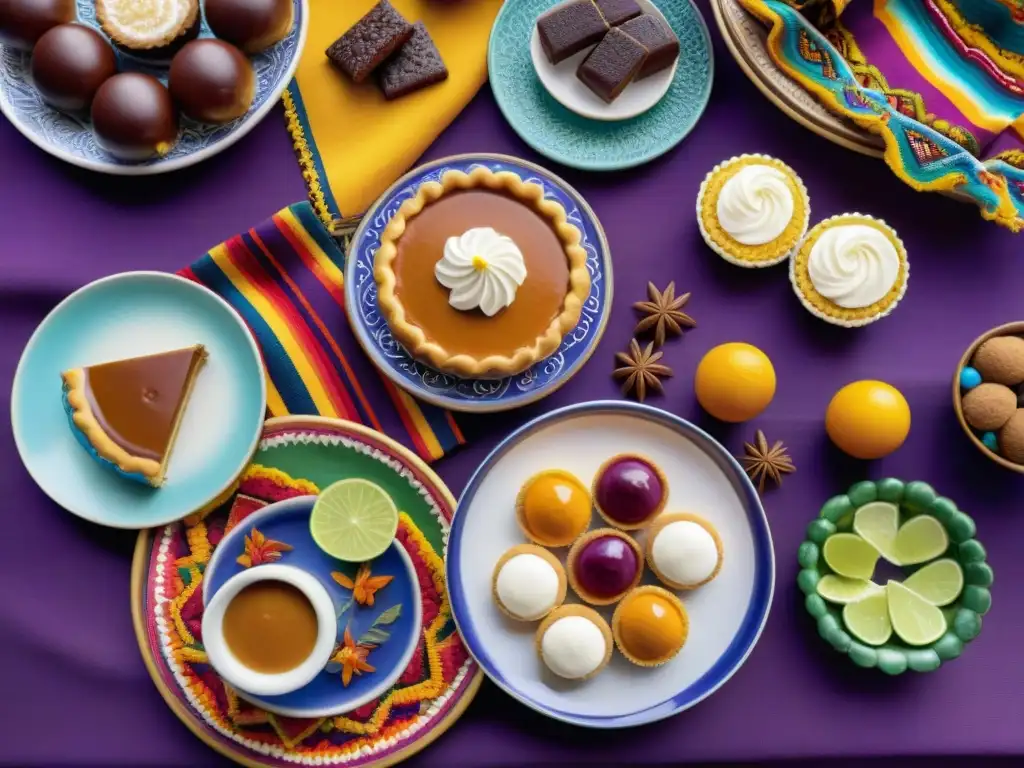 Una mesa llena de delicias peruanas como suspiro a la limeña y picarones, rodeada de decoraciones festivas