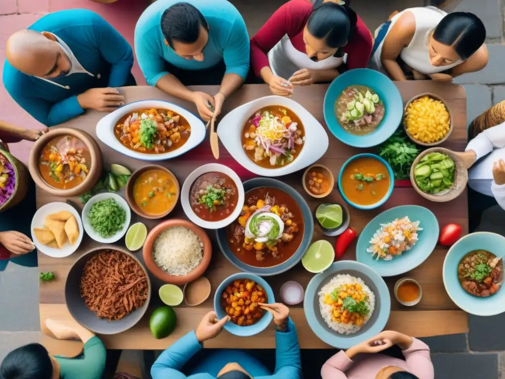 Una mesa llena de platos de cocina peruana rodeada de personas diversas en un mercado vibrante