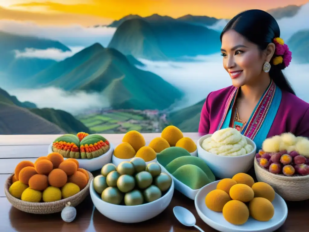 Una mesa llena de postres tradicionales de chirimoya en un mercado peruano