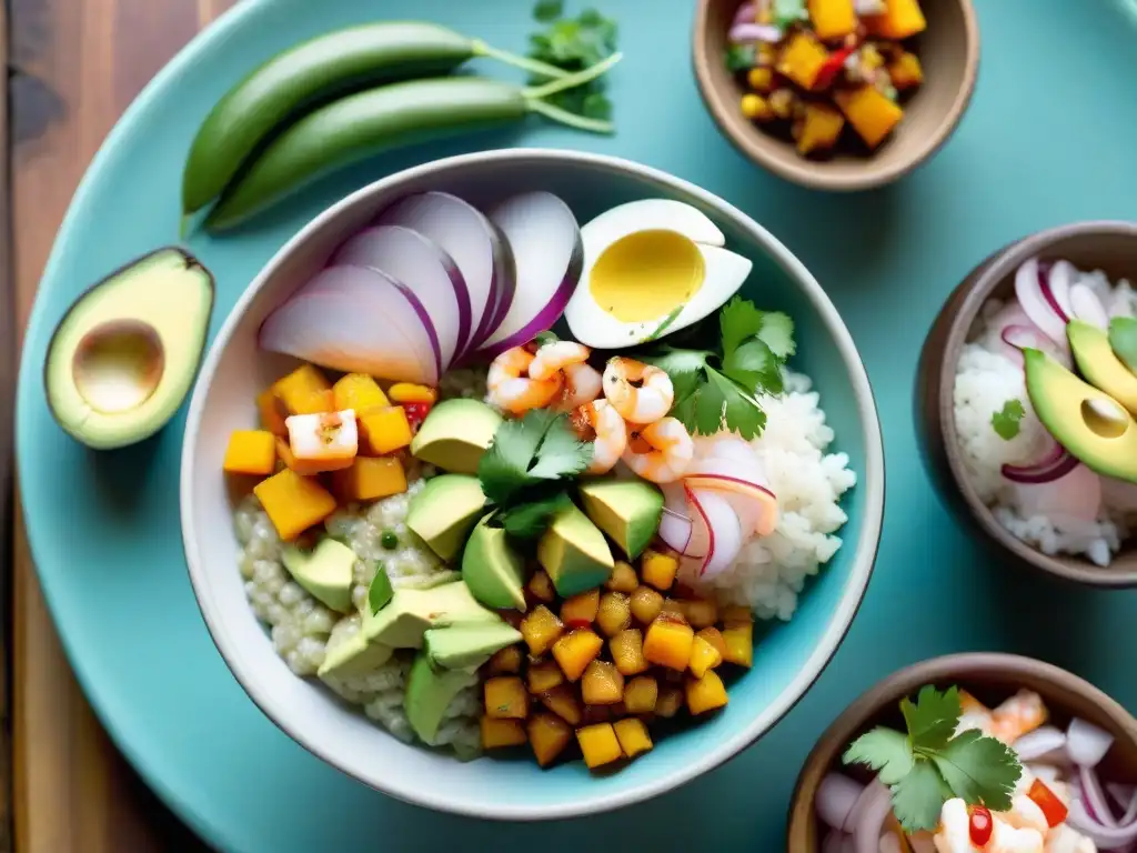 Una mesa llena de secretos del auténtico ceviche peruano: limón, pescado, choclo, camote, mariscos, ajíes y quinoa