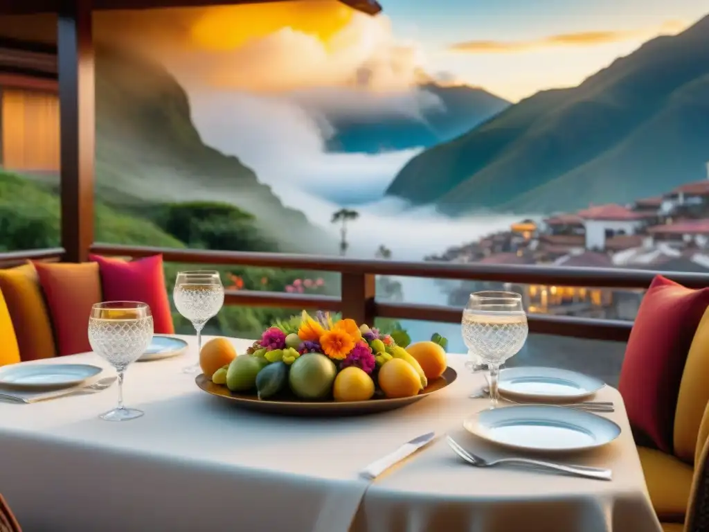 Una mesa lujosa en un restaurante de Lima muestra la gastronomía peruana con platos tradicionales, rodeada de comensales elegantes