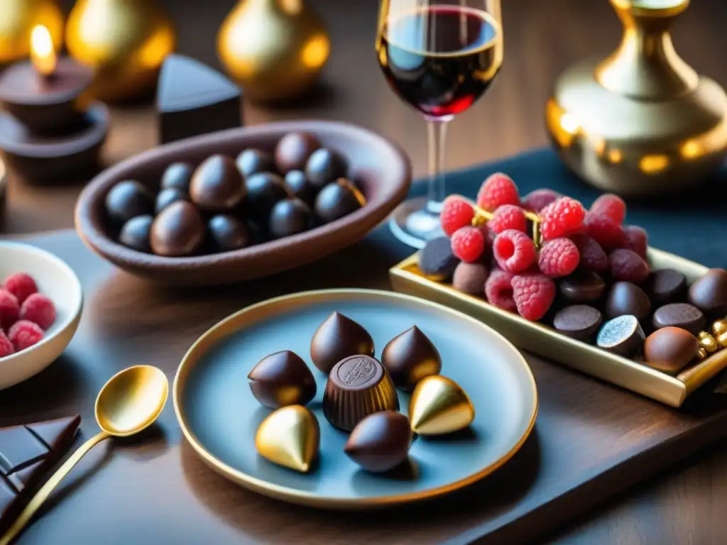 Una mesa de madera lujosa con exquisitos chocolates peruanos artesanales de calidad, frutas frescas y vino tinto