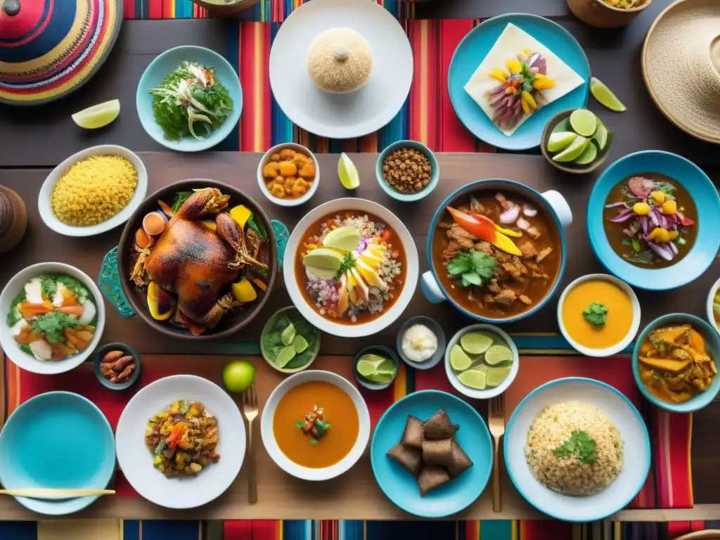 Una mesa de madera repleta de platos típicos de la gastronomía peruana en una fiesta, rodeada de personas diversas y alegres