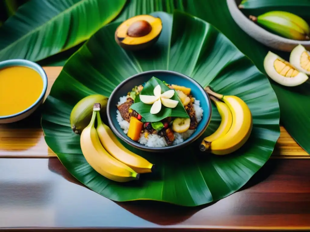 Una mesa de madera tradicional rebosante de platillos amazónicos: tacacho, juane, inchicapi y patarashca, con platano, yuca y frutas exóticas de fondo