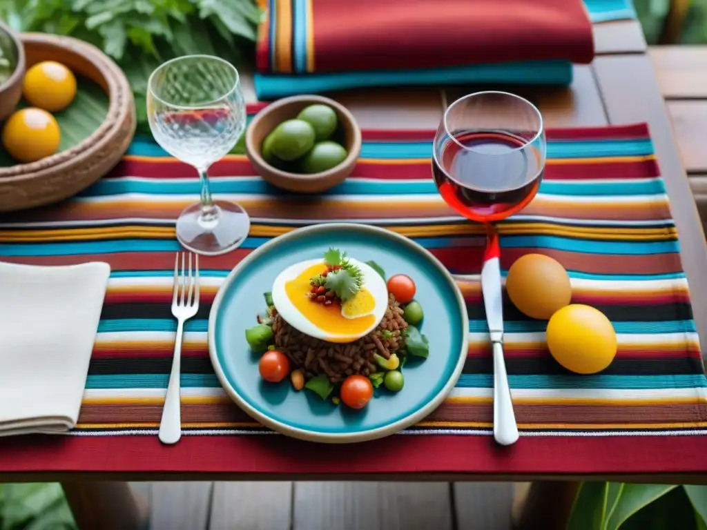 Una mesa peruana colorida con platillos típicos y vinos locales, rodeada de elementos autóctonos