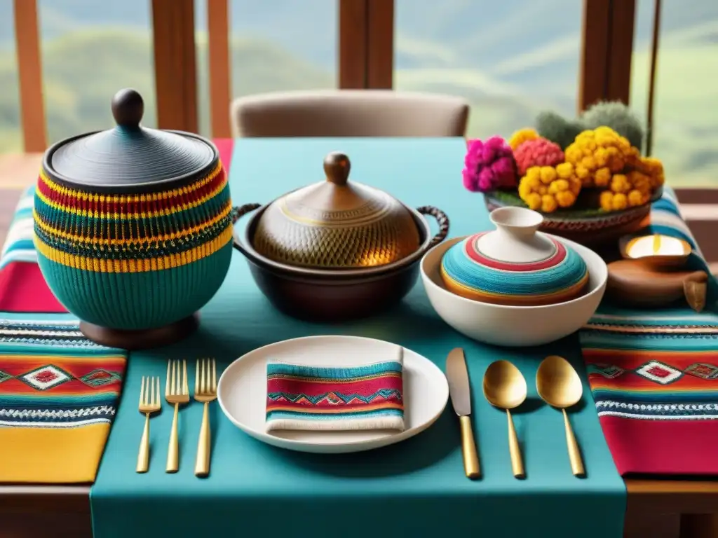 Una mesa peruana bellamente decorada con accesorios tradicionales, reflejando la riqueza cultural