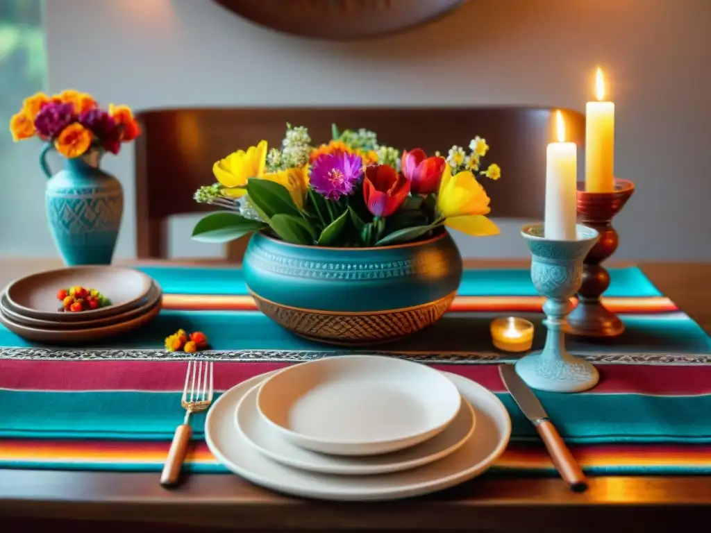 Una mesa peruana elegantemente decorada con accesorios tradicionales