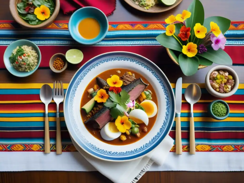 Una mesa peruana exquisitamente decorada con platos vibrantes y textiles hechos a mano, reflejando la etiqueta en la presentación gastronómica en Perú