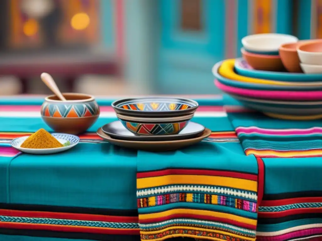 Una mesa peruana detallada con textiles vibrantes, cerámica ornamental y motivos incas