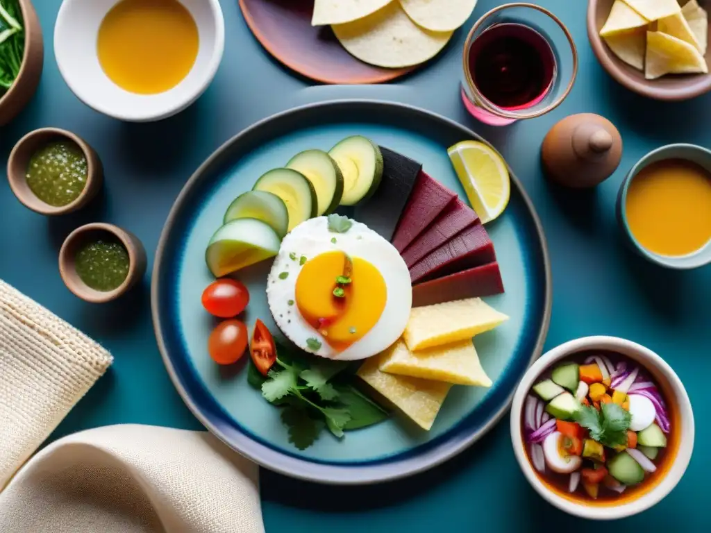 Una mesa peruana tradicional con maridaje de Pisco y vino, platos coloridos y textiles indígenas