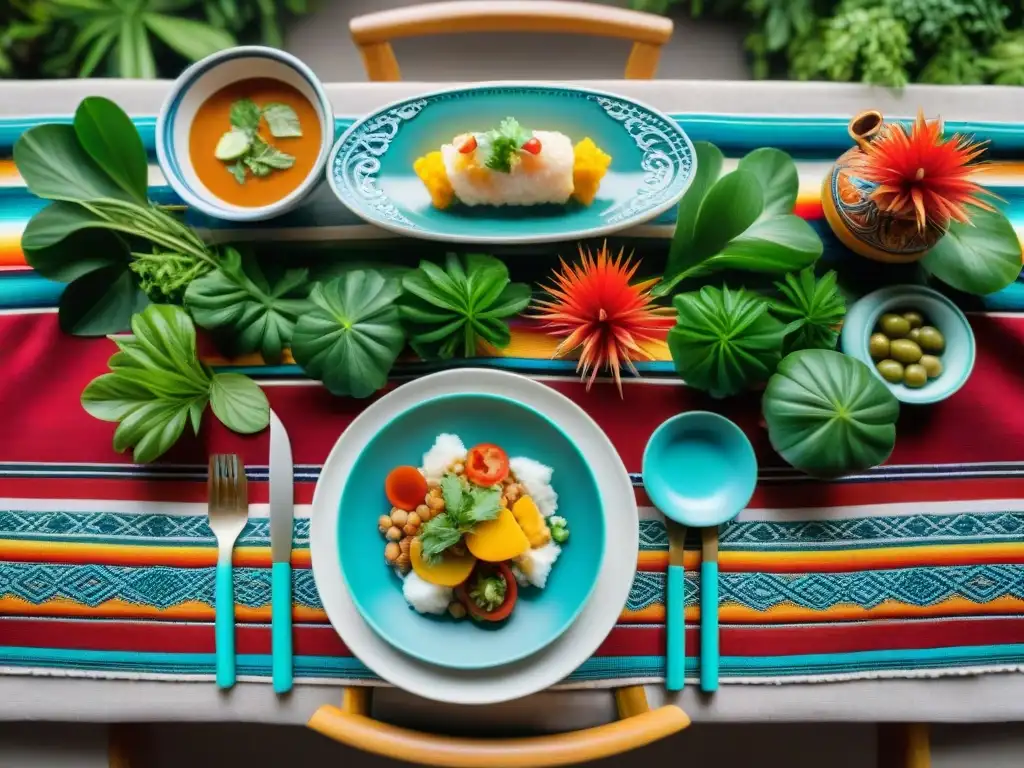 Una mesa peruana tradicional rebosante de platos coloridos y cerámica vibrante rodeada de vegetación exuberante