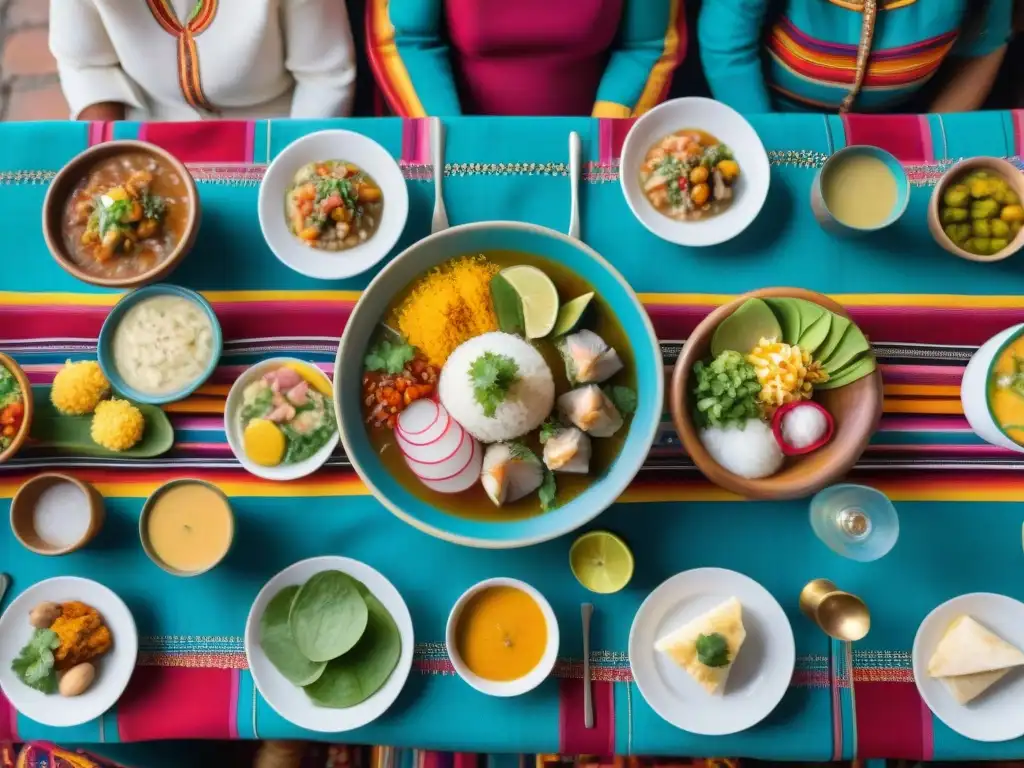 Una mesa peruana vibrante en festividad con comida típica y textiles coloridos