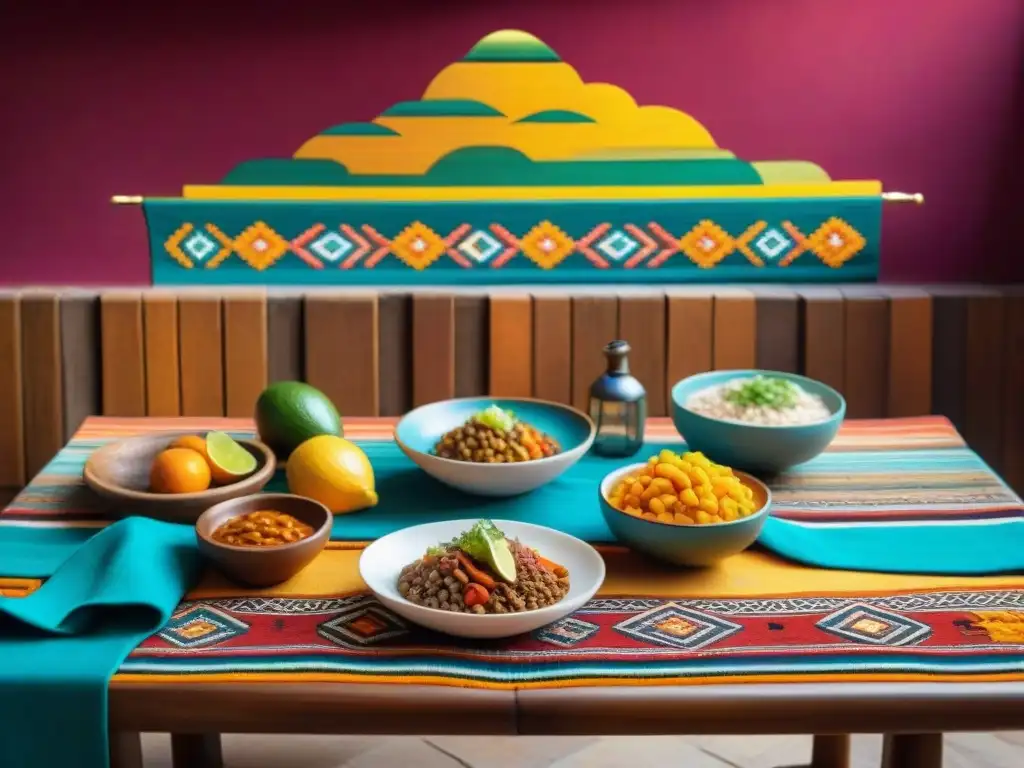 Una mesa peruana vibrante con textiles tradicionales, cerámica colorida y platos típicos