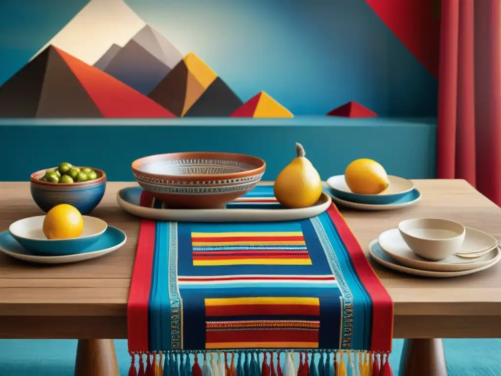 Una mesa peruana vibrante con textiles y cerámica colorida, reflejando la Decoración de Mesa Estilo Peruano