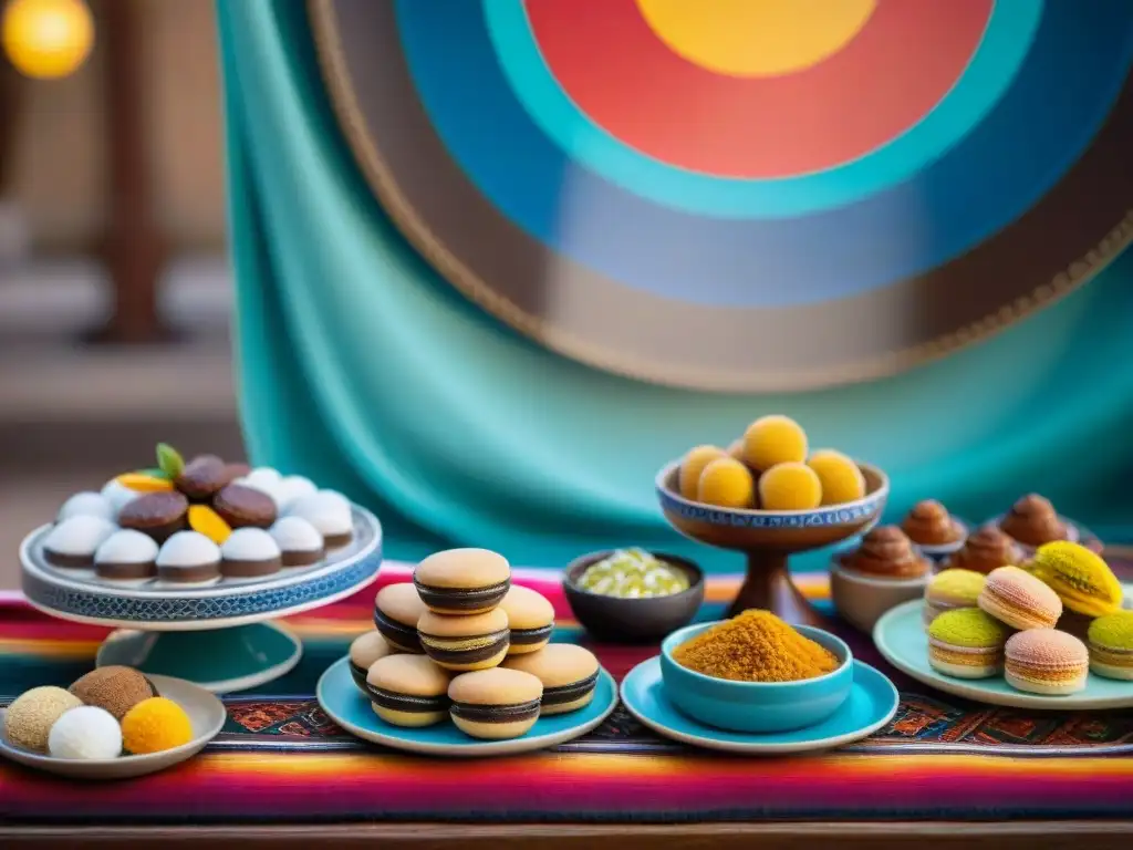 Una mesa de postres peruanos con influencia árabe, destacando la fusión de sabores y colores