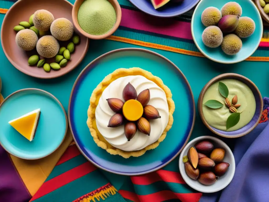 Una mesa de postres peruanos con influencia árabe exquisitamente detallada y colorida en un mercado bullicioso