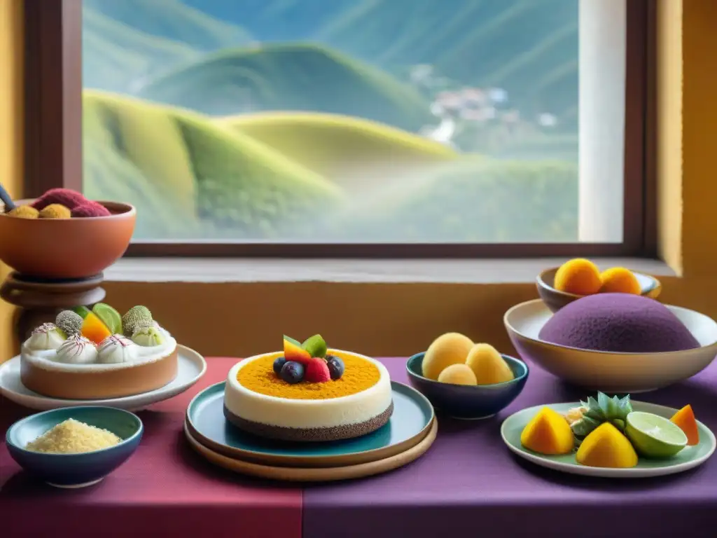 Una mesa de postres peruanos tradicionales fotografiados con detalle, resaltando colores vibrantes y texturas