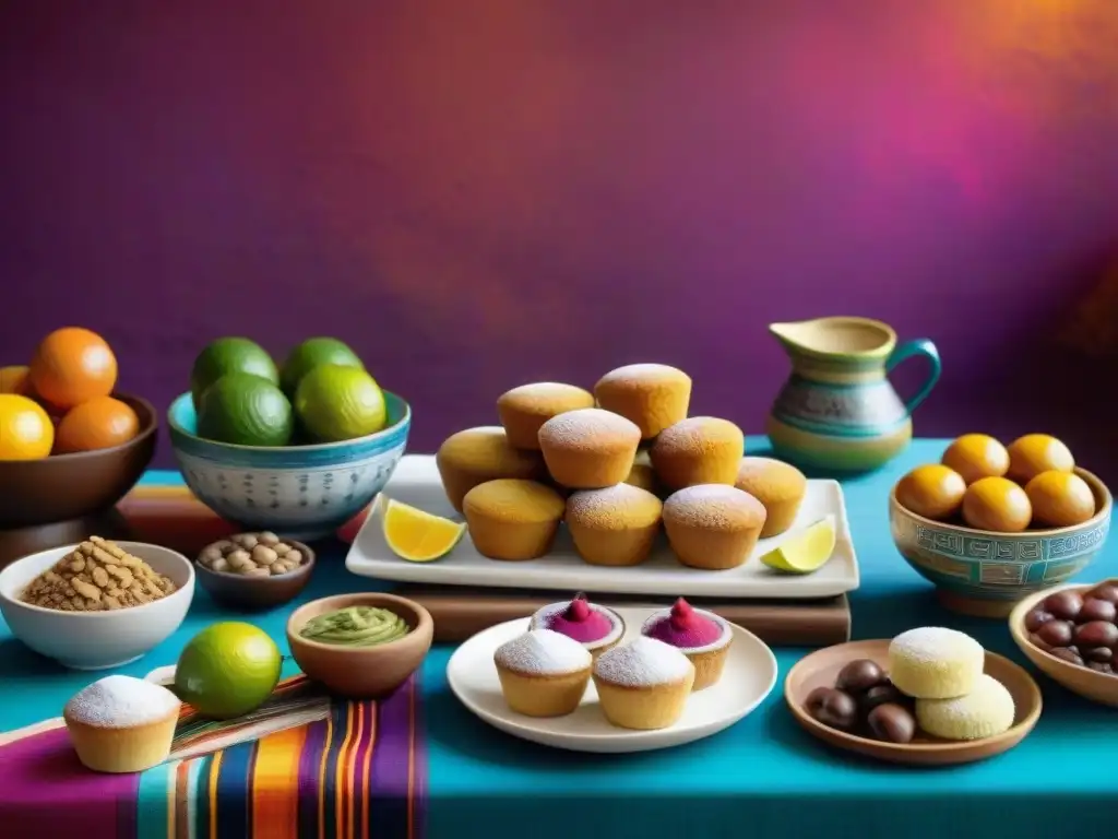 Una mesa de postres tradicionales peruanos sabrosos, decorada y colorida, iluminada por luz natural