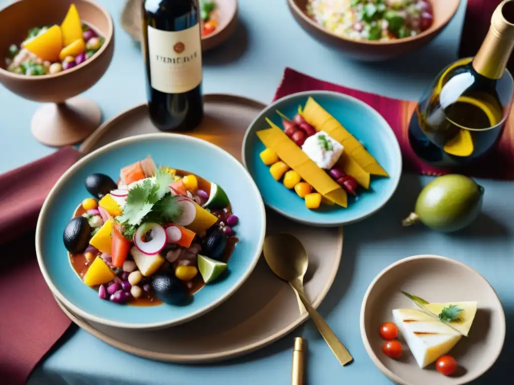 Una mesa elegantemente puesta con platos peruanos y vinos internacionales, creando un maridaje perfecto