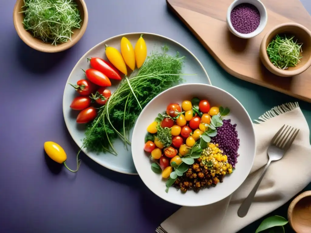 Una mesa rústica con ingredientes de la gastronomía peruana y un plato de quinua