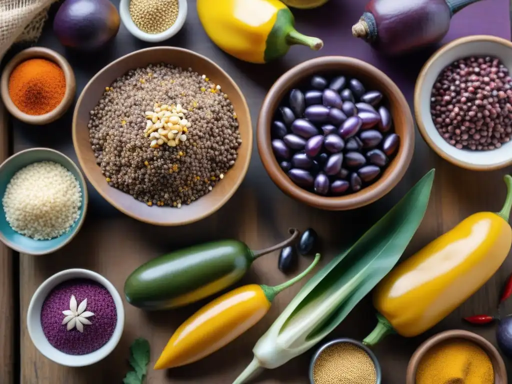 Una mesa rústica llena de coloridos ingredientes peruanos autóctonos como maíz morado, ají amarillo, quinua y papas moradas