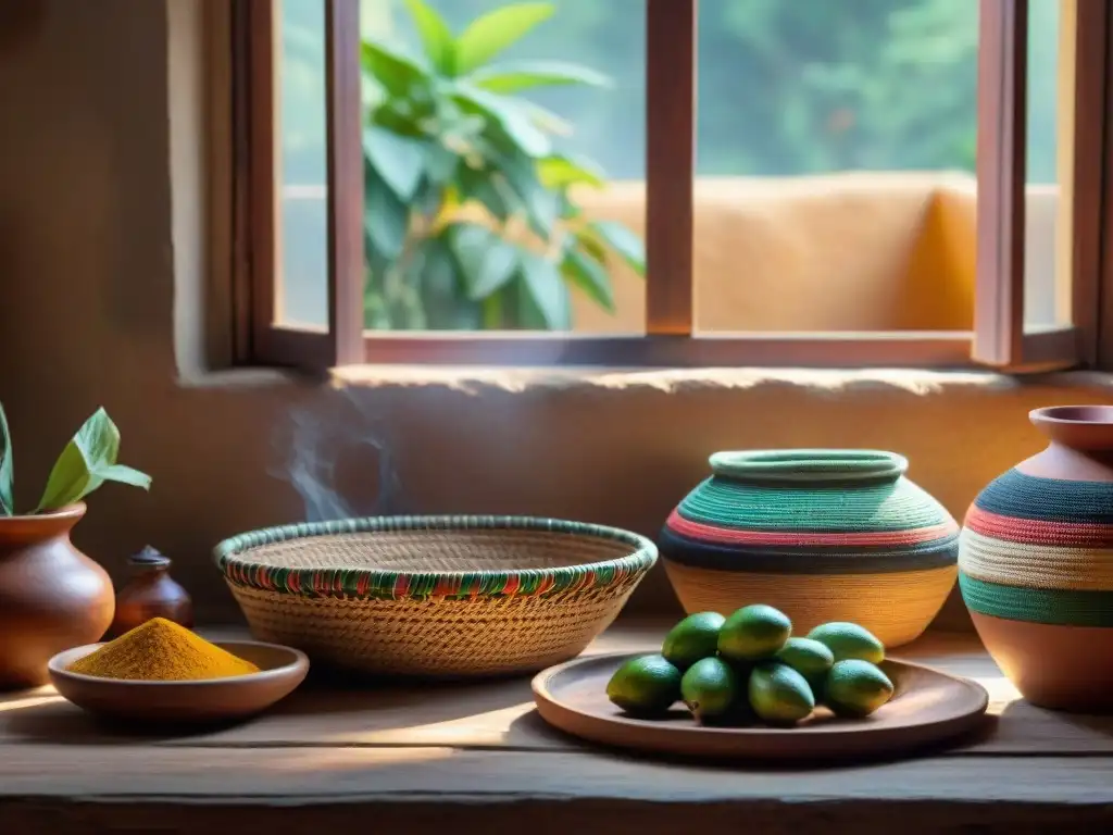 Una mesa rústica llena de ingredientes indígenas frescos como ollucos y charqui en cestas de mimbre y ollas de barro