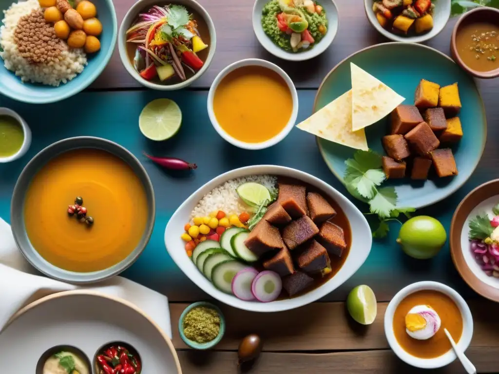 Sabores peruanos: comida tradicional y frescura de tamarindo Una mesa rústica llena de platillos peruanos tradicionales, destacando un refrescante vaso de bebida de tamarindo