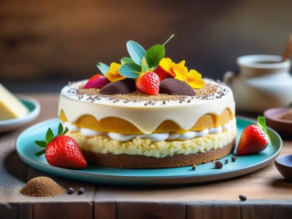 Una mesa rústica llena de postres peruanos tradicionales, con estilismo exquisito