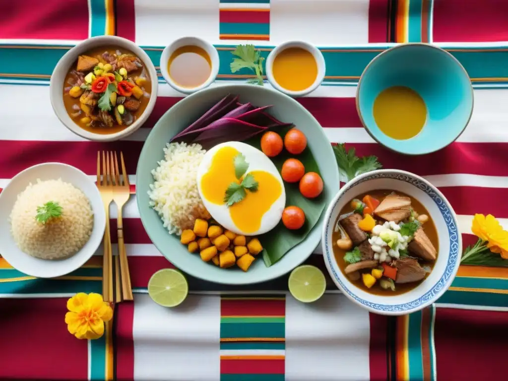 Una mesa tradicional peruana con platos típicos gastronomía peruana fiestas, colores vibrantes y texturas exquisitas