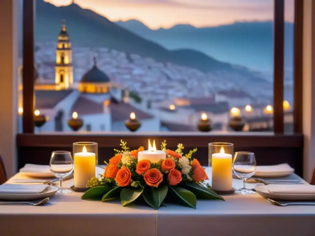 Mesas elegantes en restaurante de Lima con vista nocturna y ambiente romántico