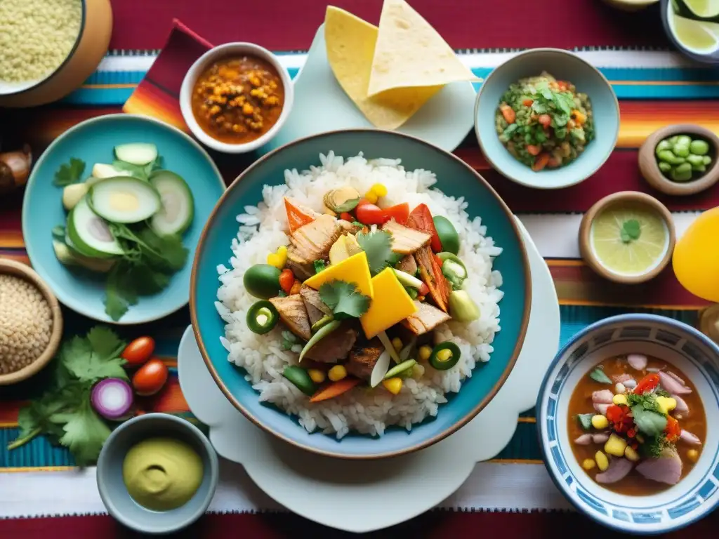 Mesita peruana con platos tradicionales para compartir en un ambiente cálido y acogedor