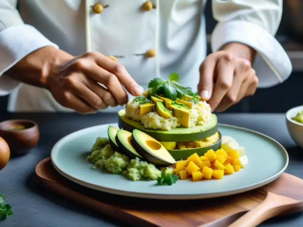 Preparación meticulosa de una Receta auténtica causa limeña con aguacate, puré de papas y relleno de pollo sazonado