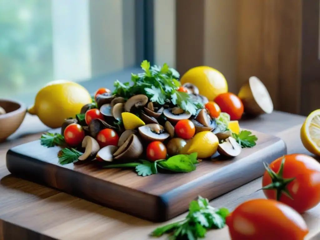 Ingredientes frescos para ceviche de champiñones vegetariano Una mezcla colorida de ingredientes frescos para el ceviche vegetariano de champiñones en tabla de madera rústica
