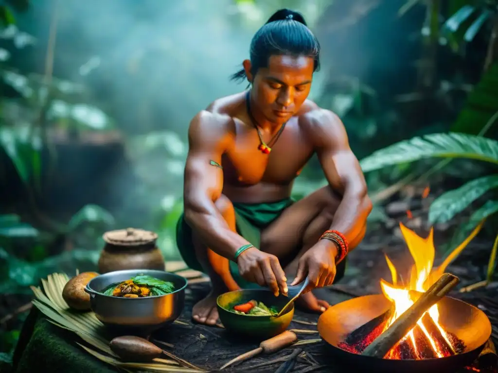 Miembros de tribus amazónicas preparando plato tradicional en la selva