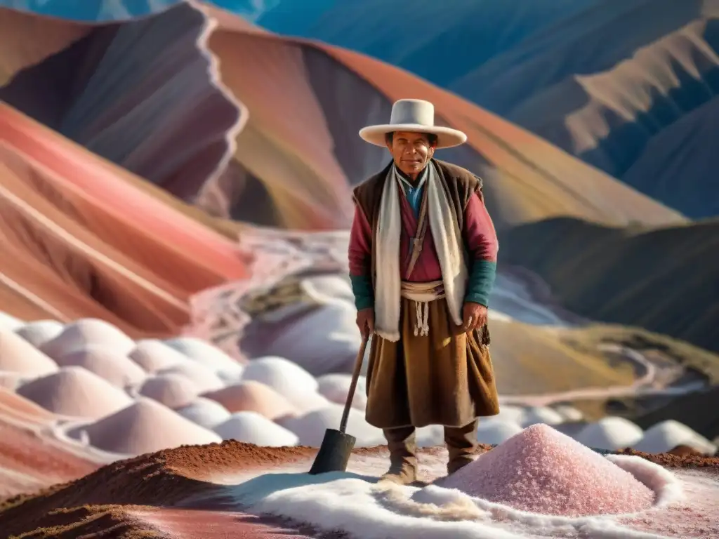 Un minero andino en la montaña extrayendo Piedra de Sal Rosada Andina con herramientas tradicionales, rodeado de un paisaje impresionante