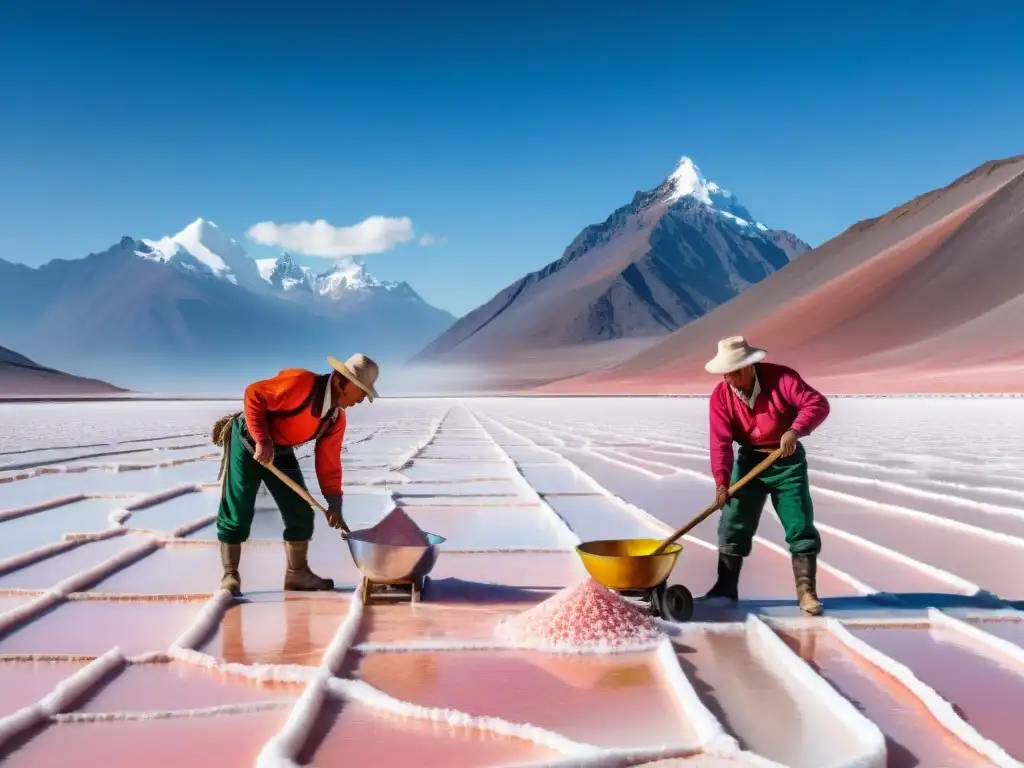 Mineros andinos cosechando la Piedra de Sal Rosada Andina en un paisaje majestuoso