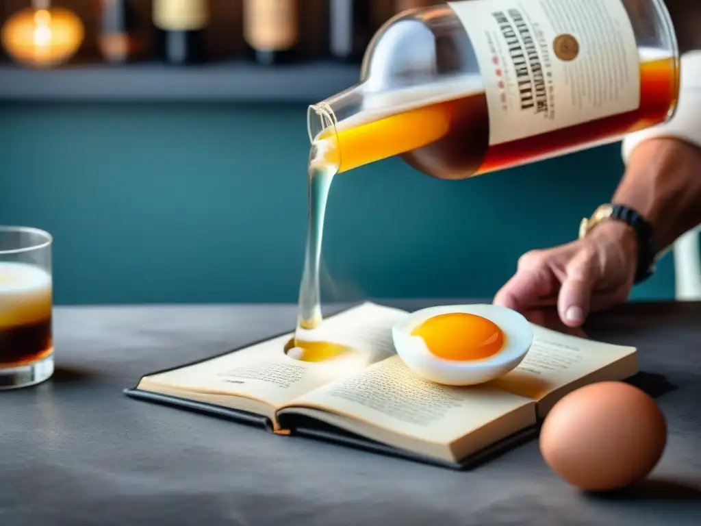 Un mixólogo vierte una algarrobina dorada en un vaso vintage, con espuma de clara y bíteres, rodeado de algarrobos y recetario histórico