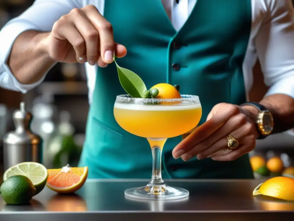 Un mixólogo prepara un cocktail de Pisco con ingredientes frescos y coloridos, reflejando sofisticación y opciones de consumo de Pisco