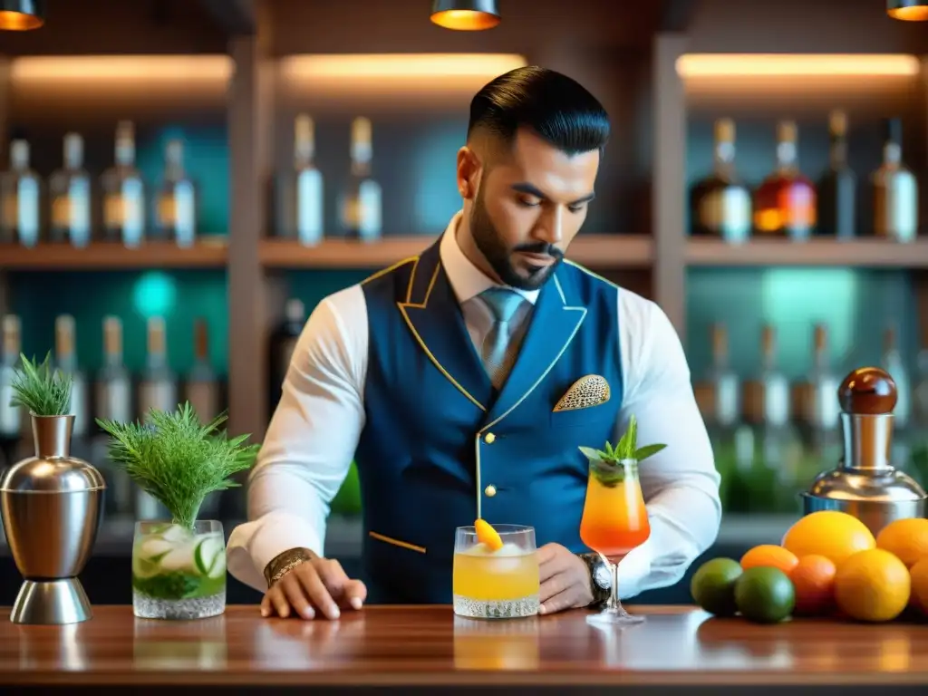 Un mixólogo prepara un coctel de pisco con precisión en un elegante bar