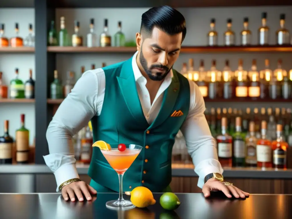 Un mixólogo en Perú elabora cocteles con pisco innovadores en un elegante bar moderno