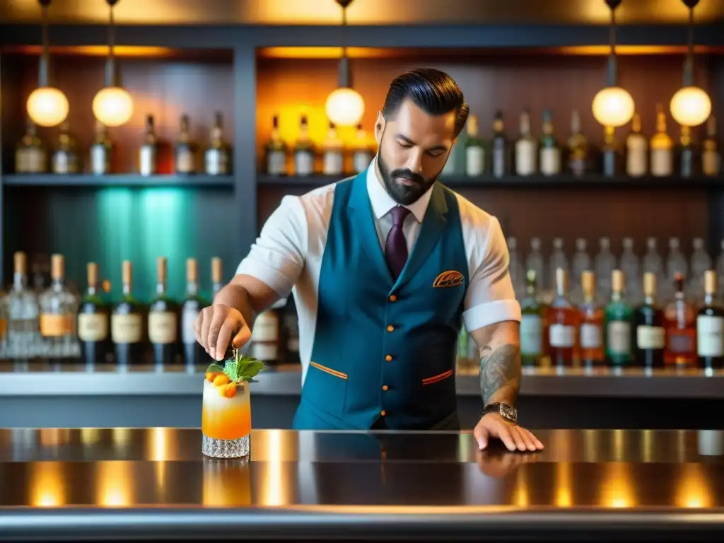 Un mixólogo crea una creativa receta con pisco peruano en un bar de moda, destacando los colores vibrantes y la destreza en la preparación