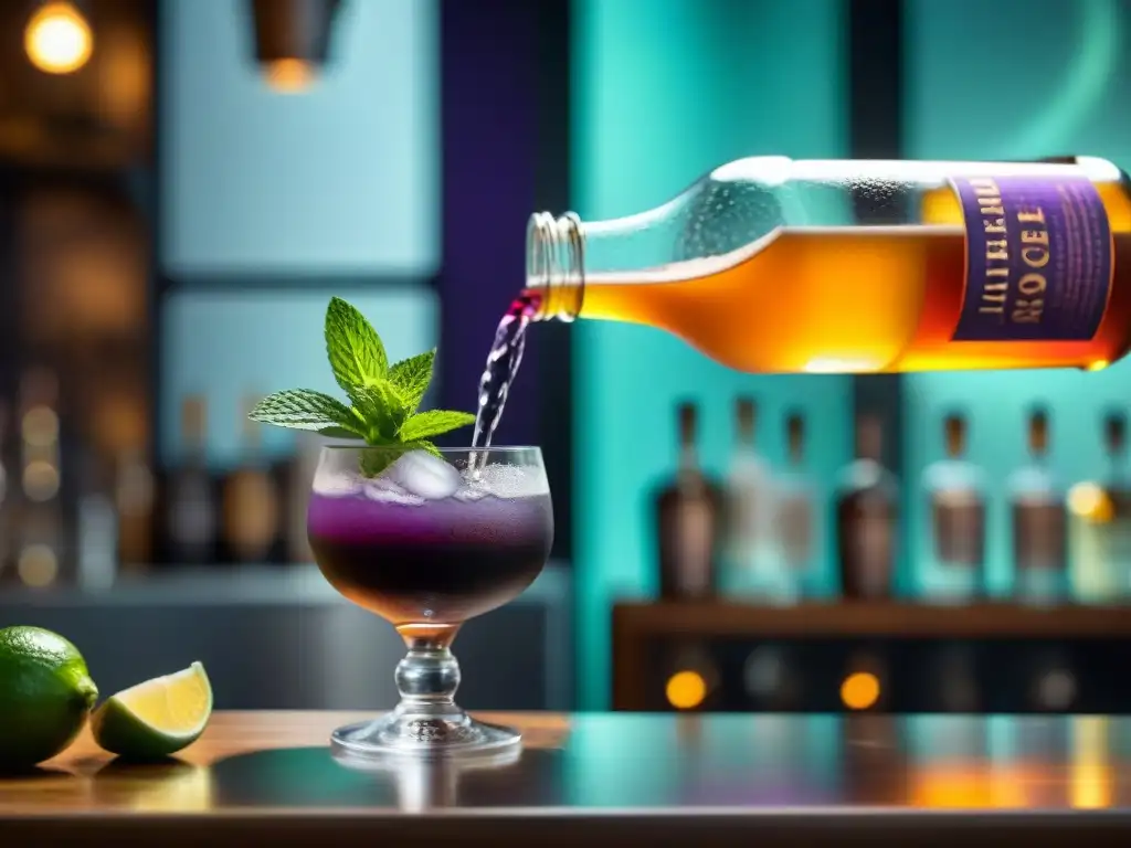 Un mixólogo vierte con destreza un vibrante cóctel morado de pisco en un elegante vaso, en una escena vibrante de un bar peruano