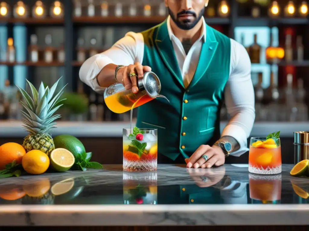 Un mixólogo experimentado crea con precisión un sofisticado cóctel con Pisco Peruano en un elegante bar de mármol