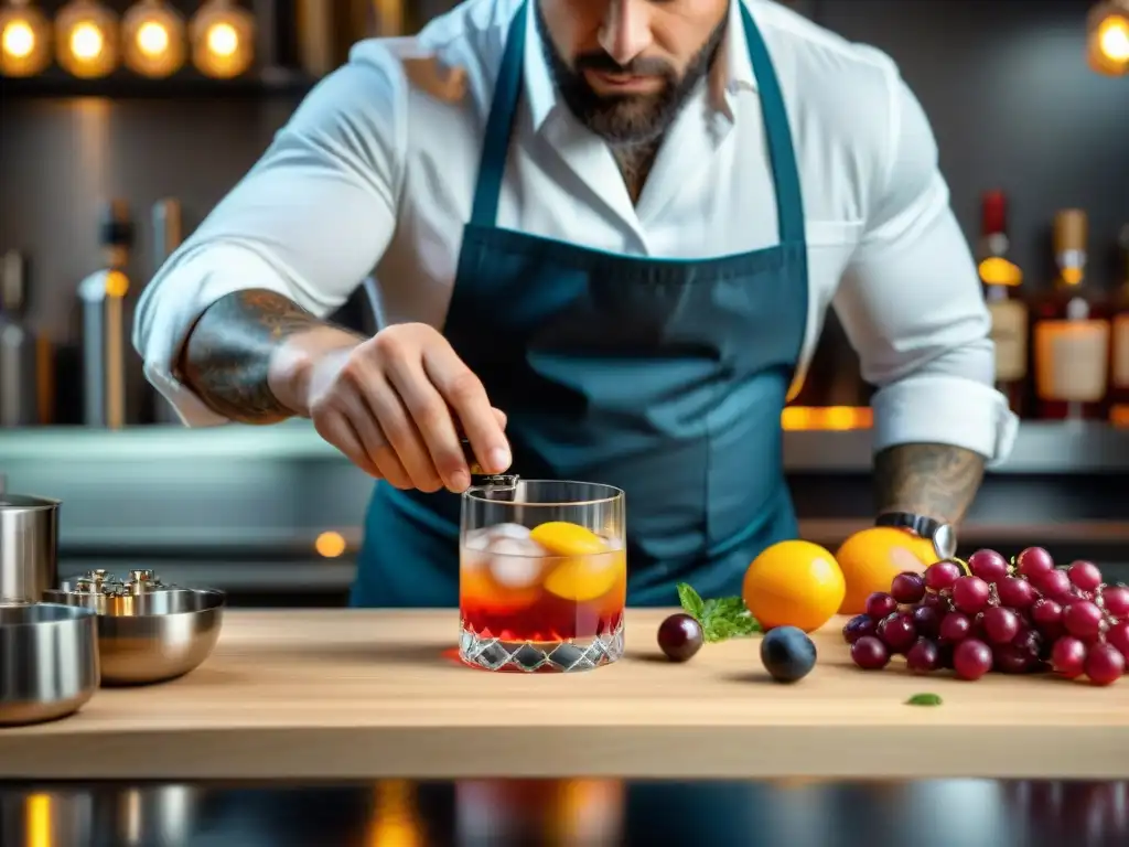 Arte innovador: Mixólogo creando cóctel de molle con maestría Un mixólogo experto prepara un cóctel moderno con molle, símbolo de la fusión de ingredientes ancestrales en la cocina contemporánea